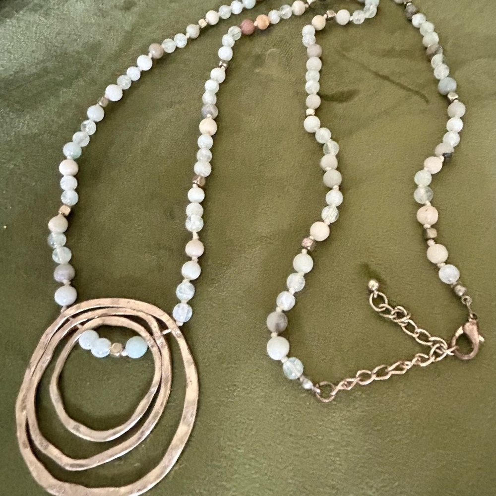 Necklace - Long statement - aqua tan beads with gold rubbed pendant